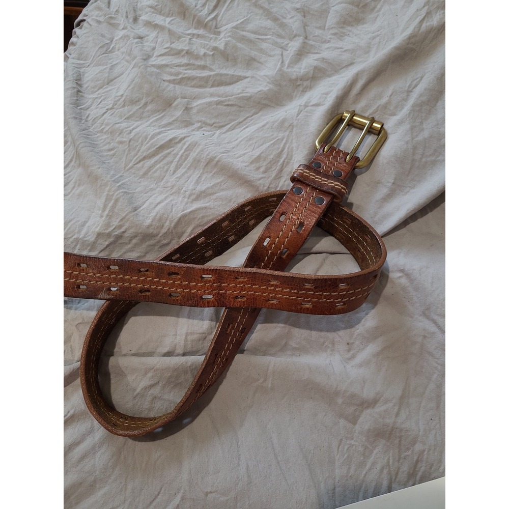 Vtg. Men's double prong Leather Belt with Solid Brass hardware stitching casual